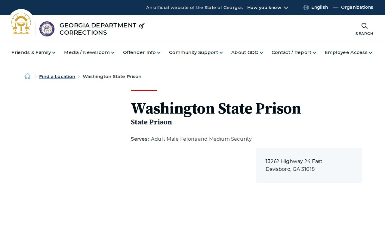 Georgia Department of Corrections Washington State Prison facility profile