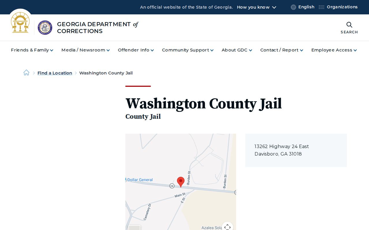 GDC Washington County Jail directory listing showing Davisboro contact information