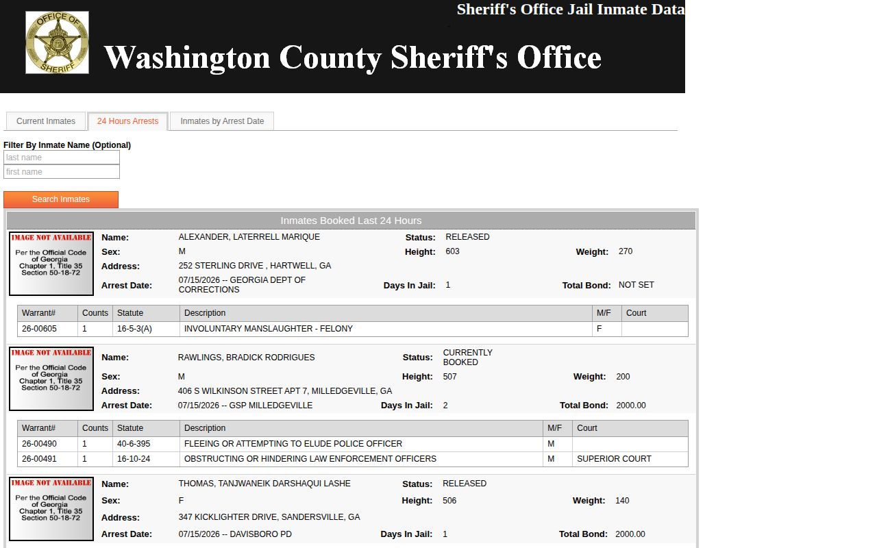 Washington County 24 hour booking status for released inmates